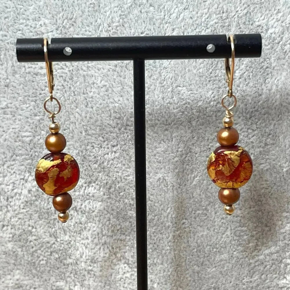 Handmade glass bead freshwater pearl orange gold earrings - Picture 1 of 5